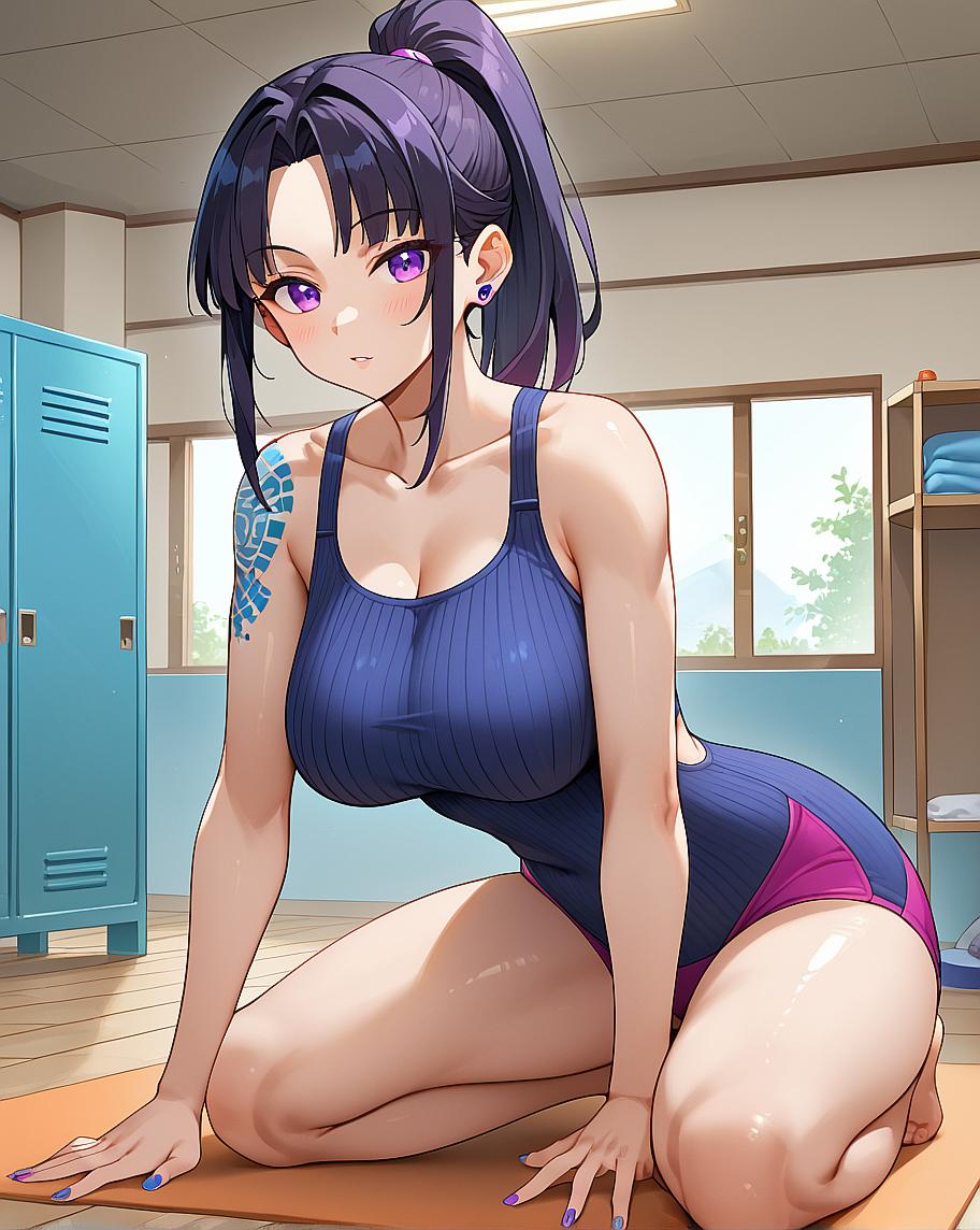 "Anime character in gym attire."