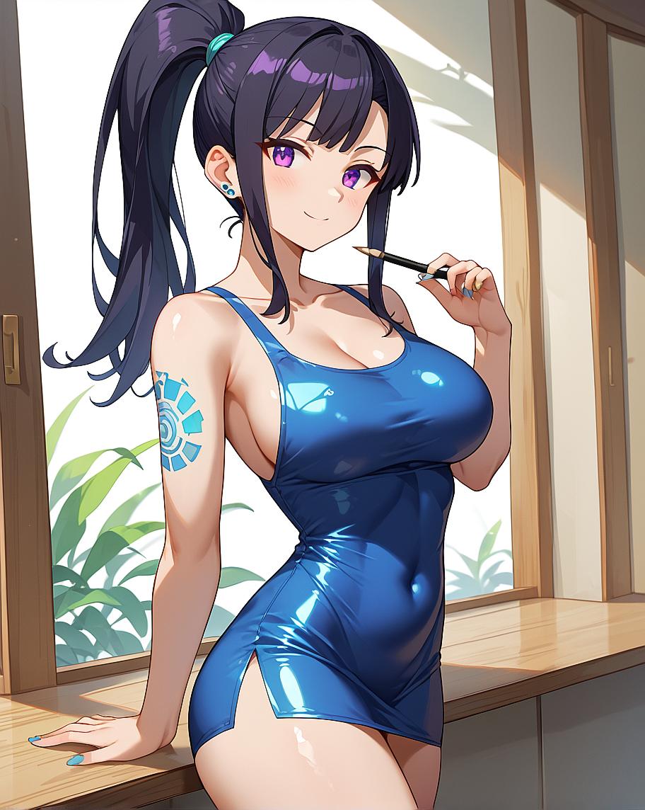 A cute anime girl in a blue swimsuit with purple hair.