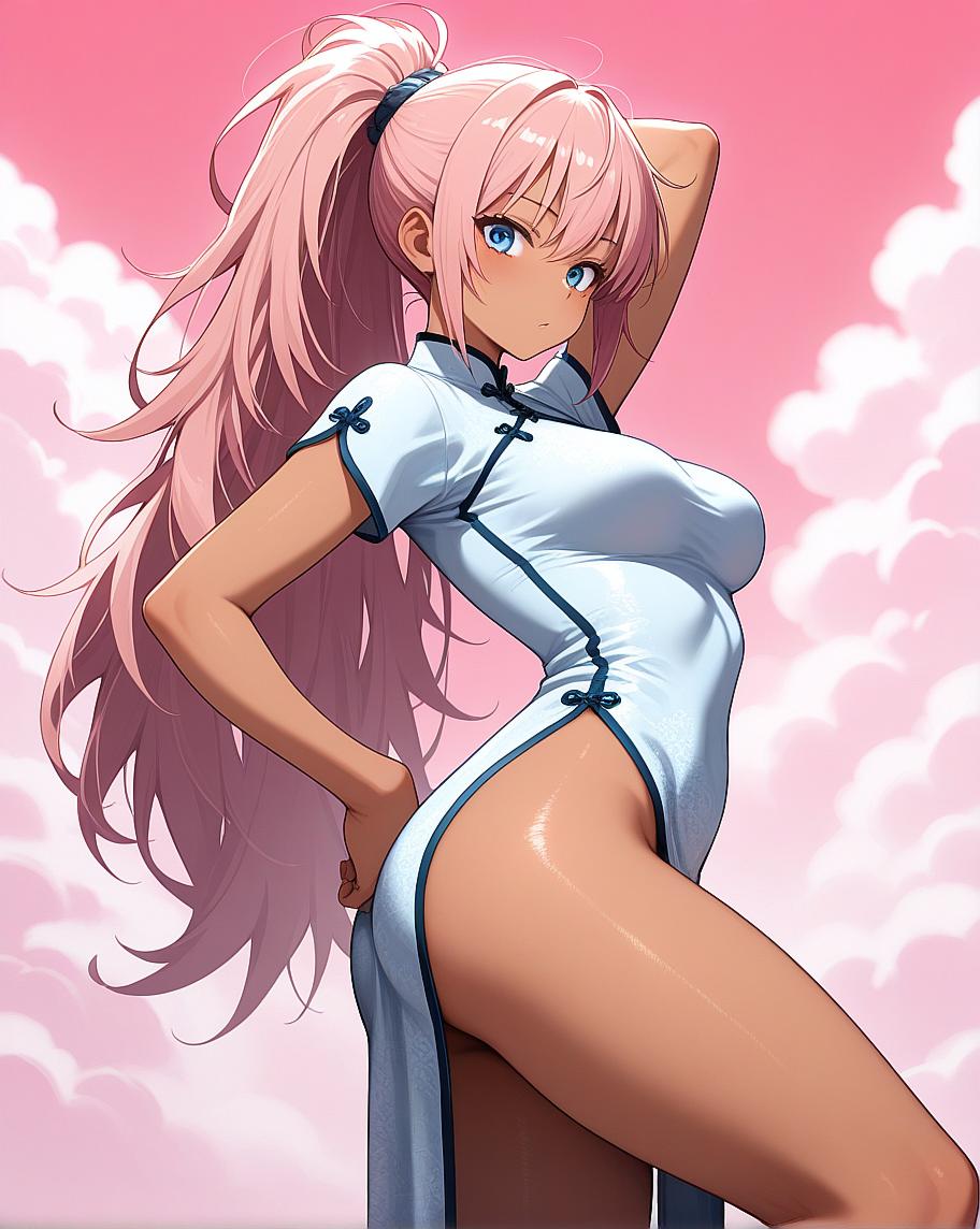 "Anime character in a revealing outfit with pink hair."