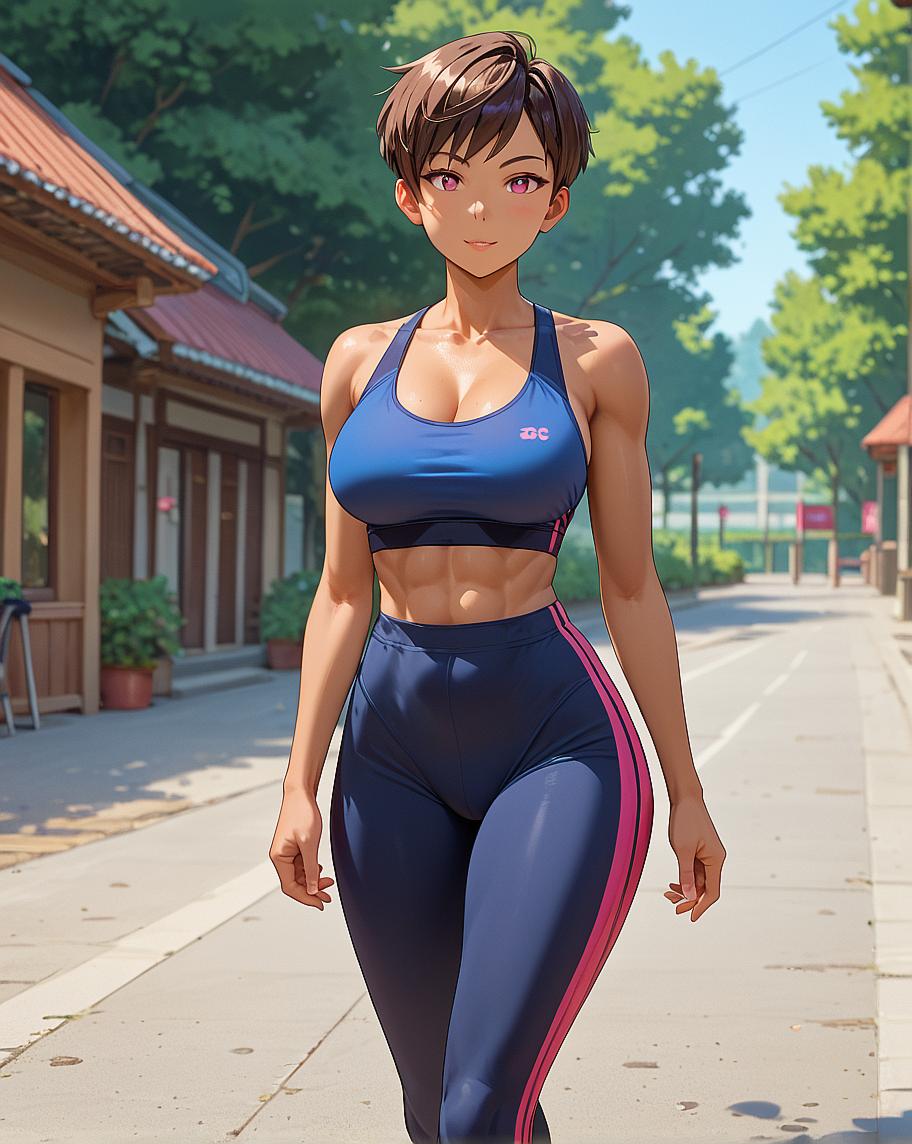 An anime character wearing a blue sports outfit and walking on a street.