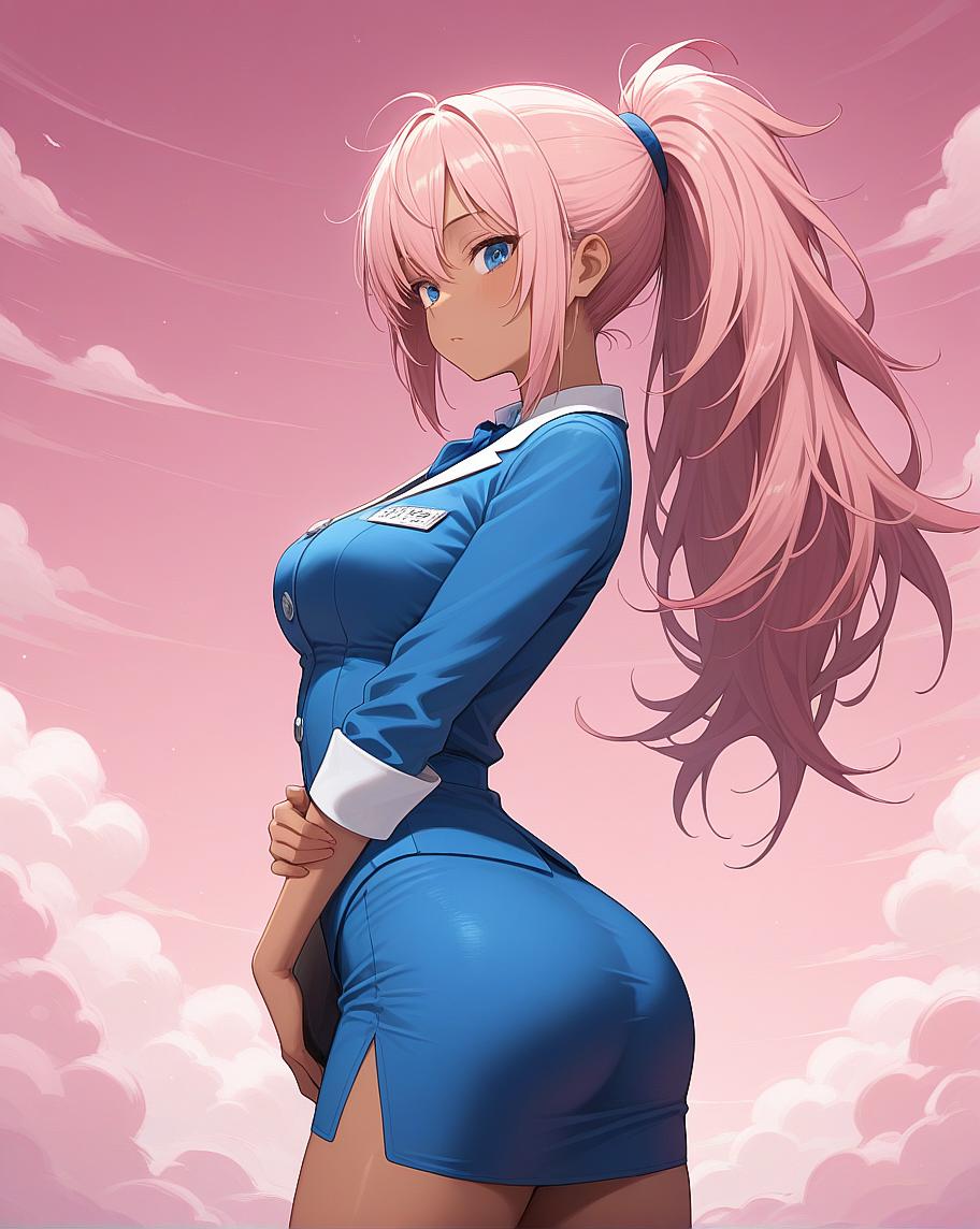 A pink-haired female character in a blue uniform with her hands on her hips, standing against a soft pink sky background.