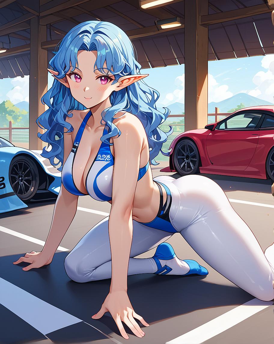 A female character with blue hair and elf ears, wearing a blue bikini top and white pants, sitting on her knees in front of a garage with parked cars.