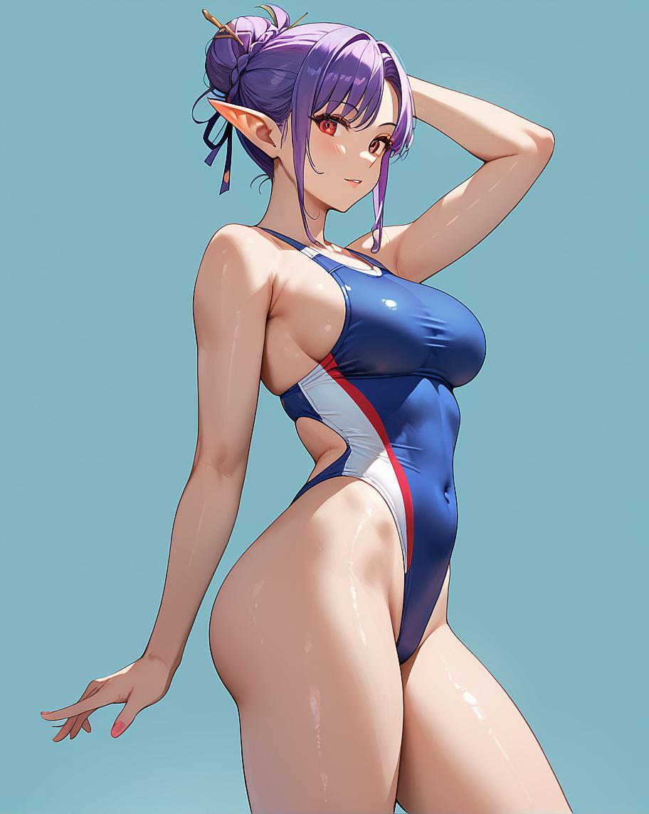 A female character in a blue swimsuit with purple hair and red eyes.