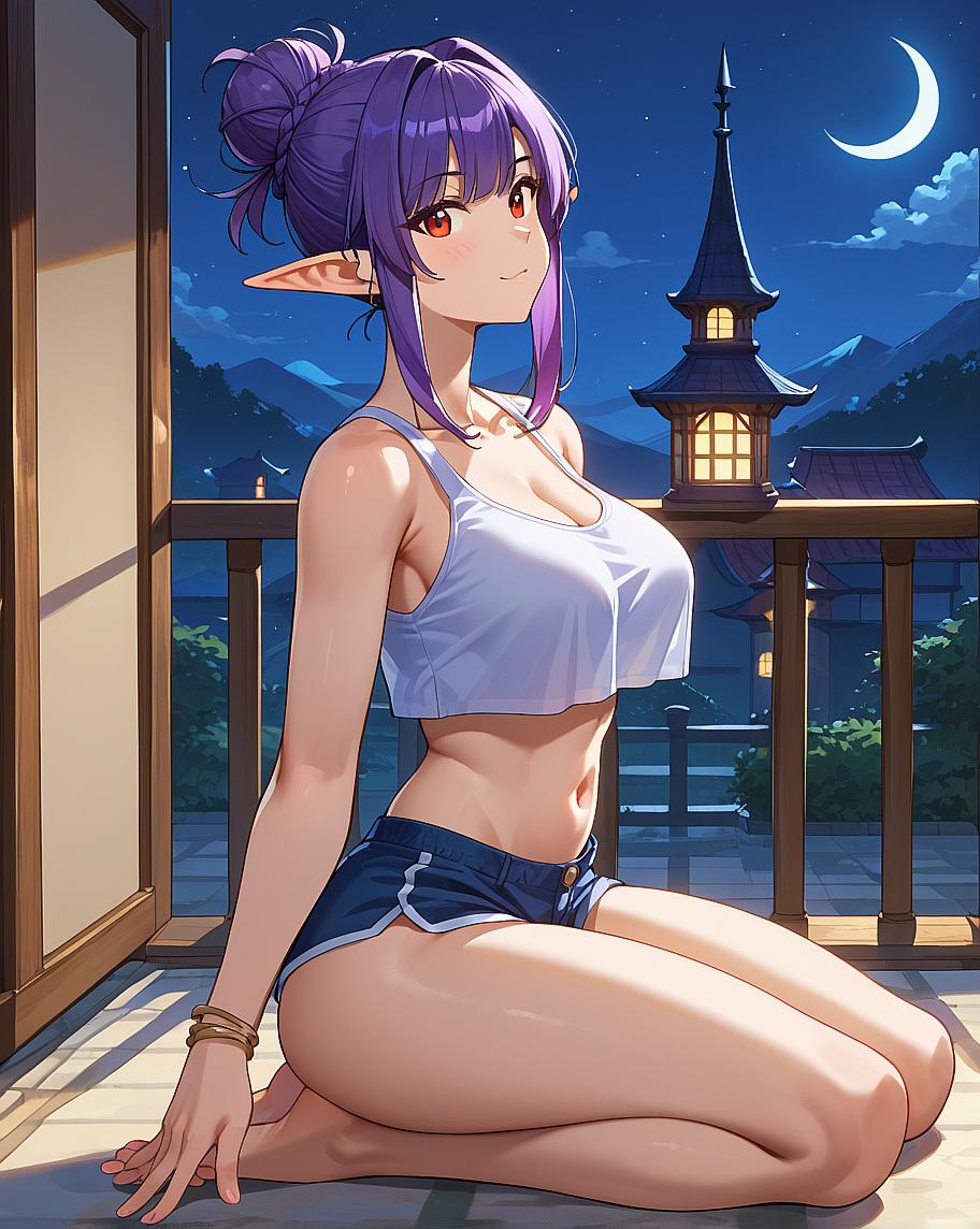 "Anime girl sitting on balcony at night."