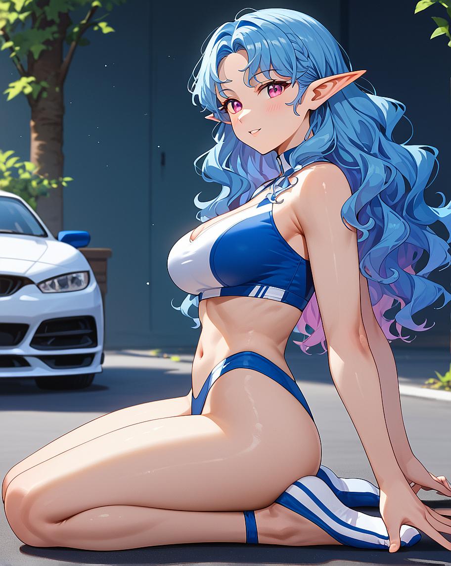 A female character with blue hair and pointed ears, wearing a bikini top and sitting on the ground.