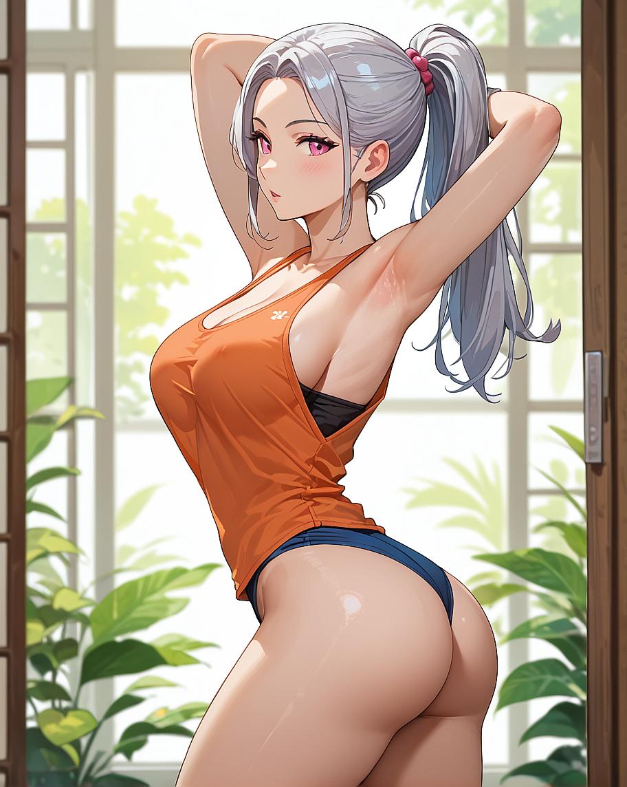 The image shows an animated female character standing with her hand on her hip and her head turned to the side. She has pink hair styled in twin tails and is wearing a sleeveless orange top. The background suggests an indoor setting with natural light coming through a window, illuminating the scene.