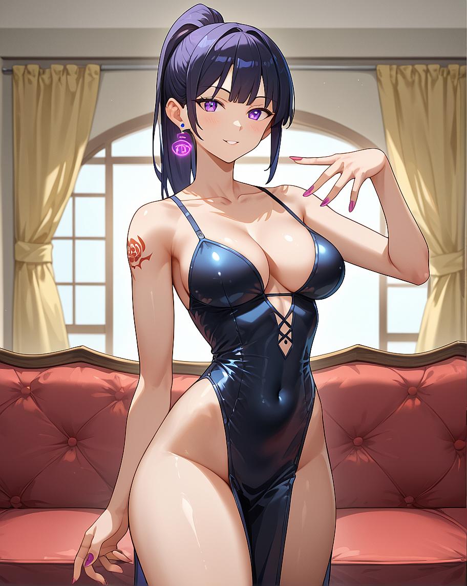 Girl in blue lingerie posing with hand on hip.