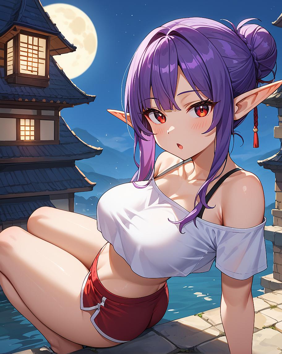 "An animated character sitting on a stone wall at night."