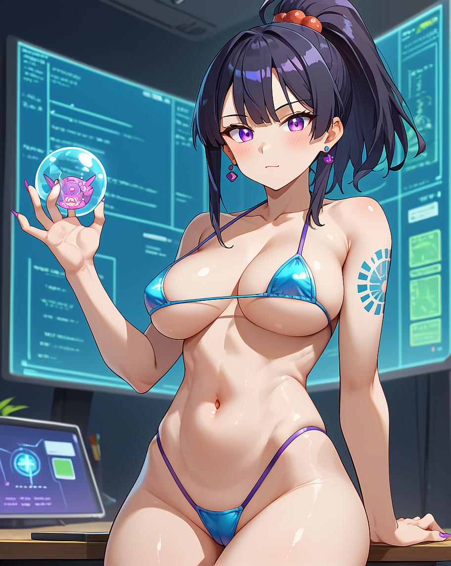 "Anime character in bikini holding ball."