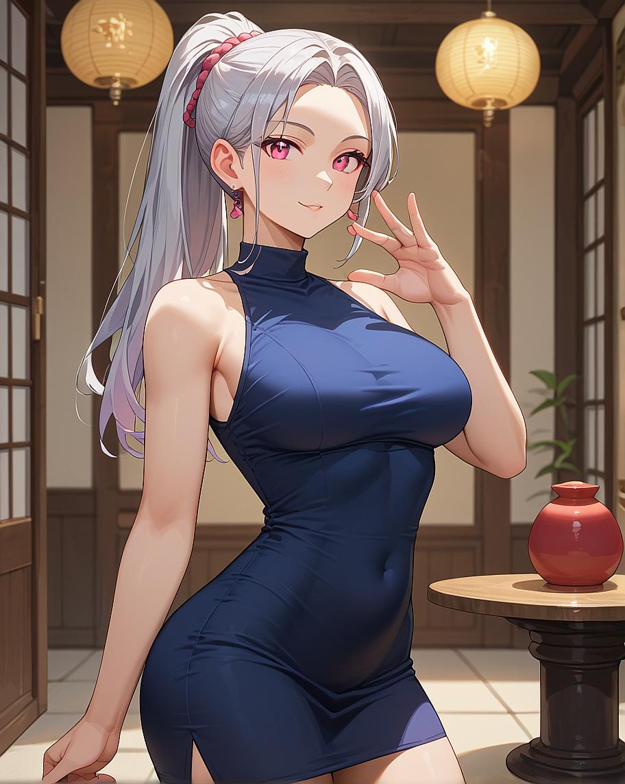 The image shows an animated character with long silver hair and pink eyes. She is wearing a black dress and has her hands on her hips while posing confidently.