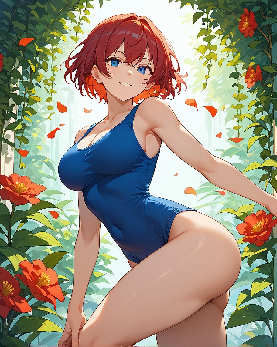 Anime girl in blue swimsuit with red hair and blue eyes.