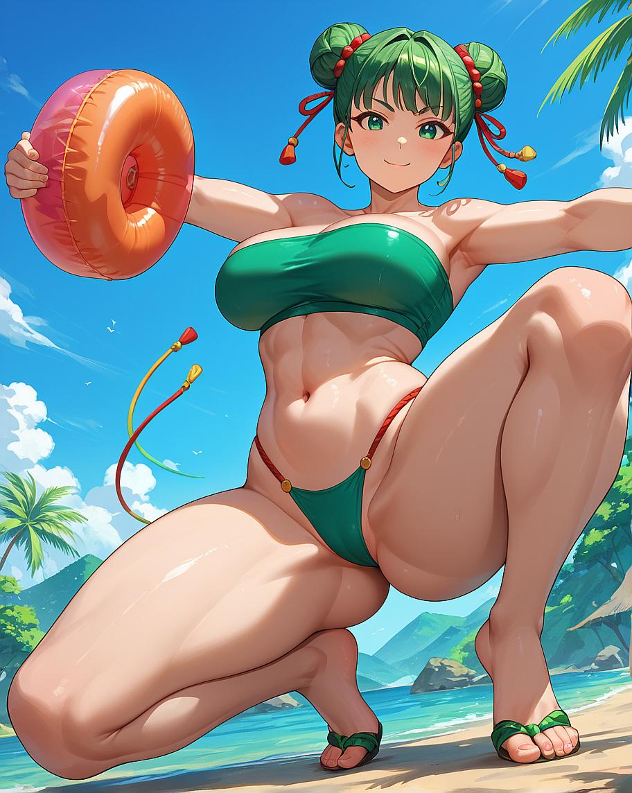 A female character in a bikini on a beach holding a flotation device.