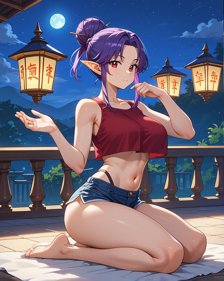 A purple-haired anime girl sitting on a balcony at night.