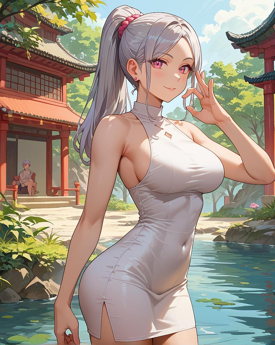 Anime character with pink hair and white dress standing in front of traditional Japanese architecture.