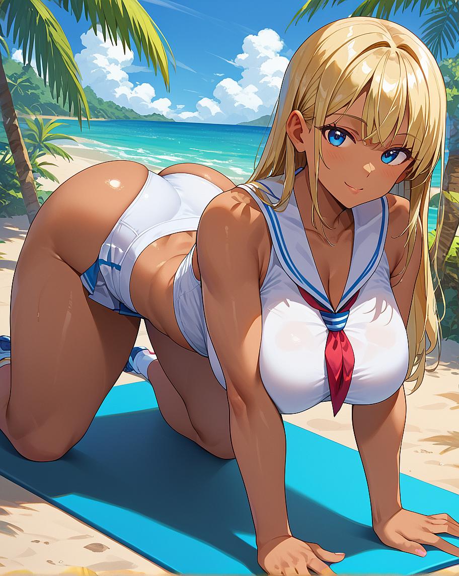 An animated female character in a beach setting.