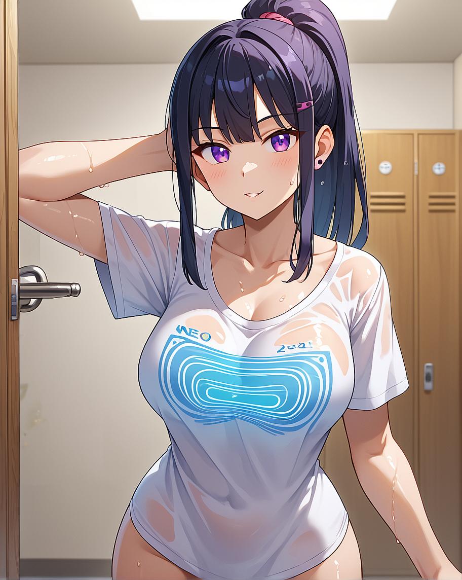 A female character in a wet shirt with blue hair and purple eyes.