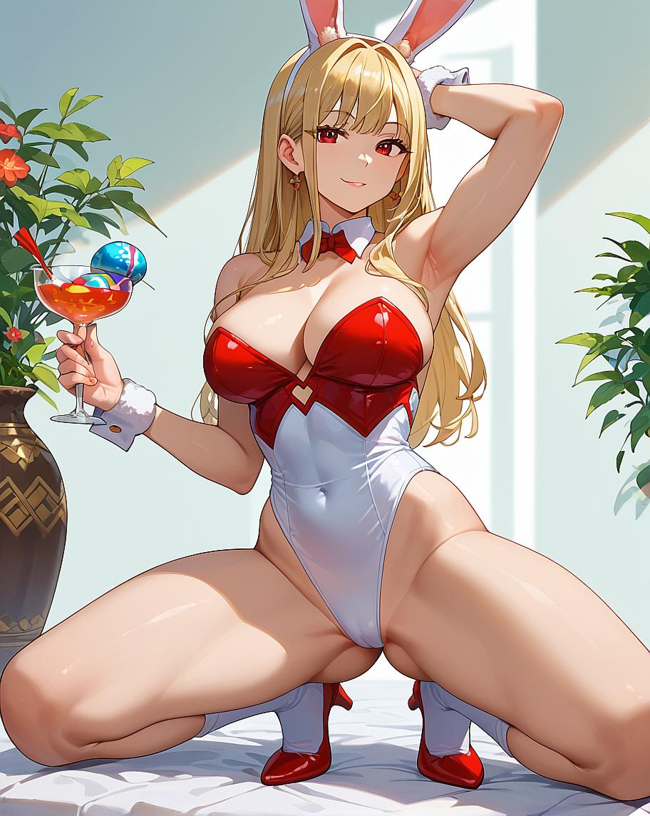 A female character in a bunny costume posing with a glass of wine on a table.