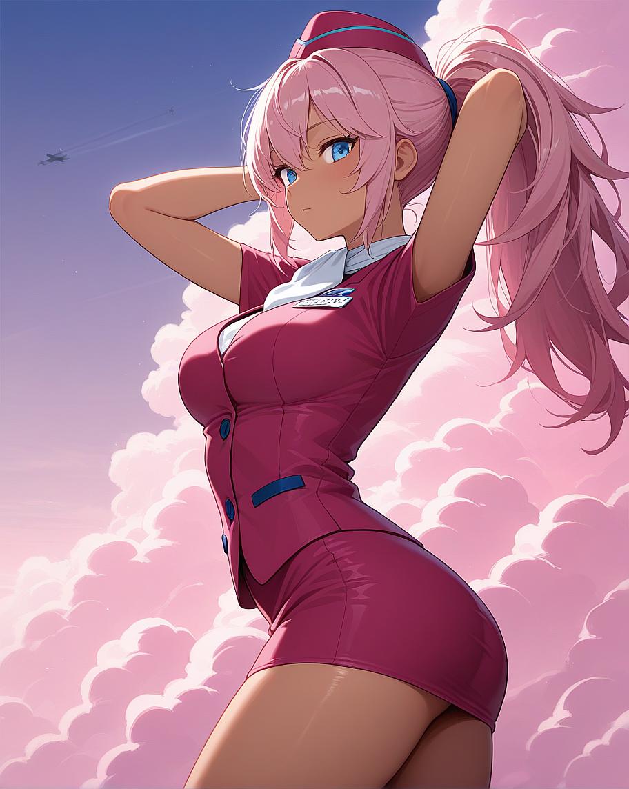 Female anime character in uniform, with pink hair and blue eyes, posing confidently against a backdrop of clouds and sunset.