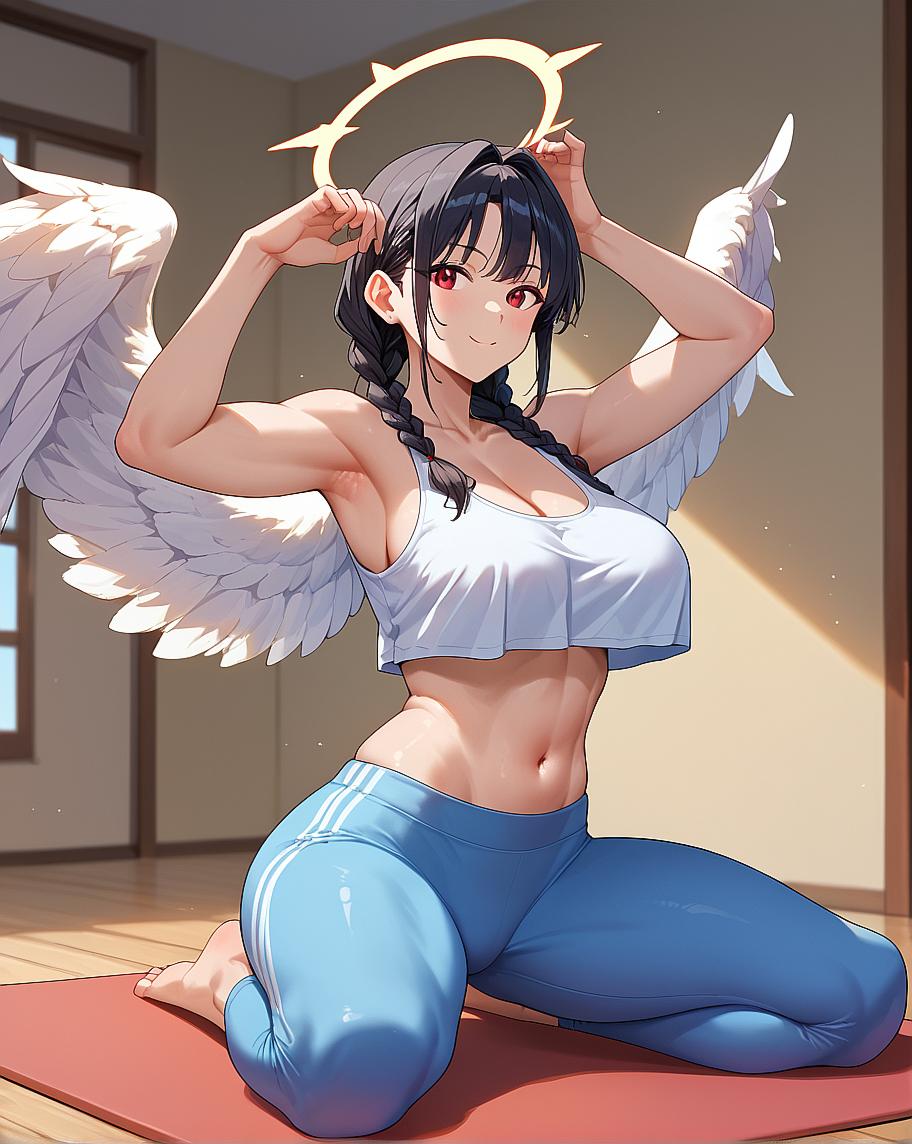 Anime girl with wings and halo, sitting on yoga mat.