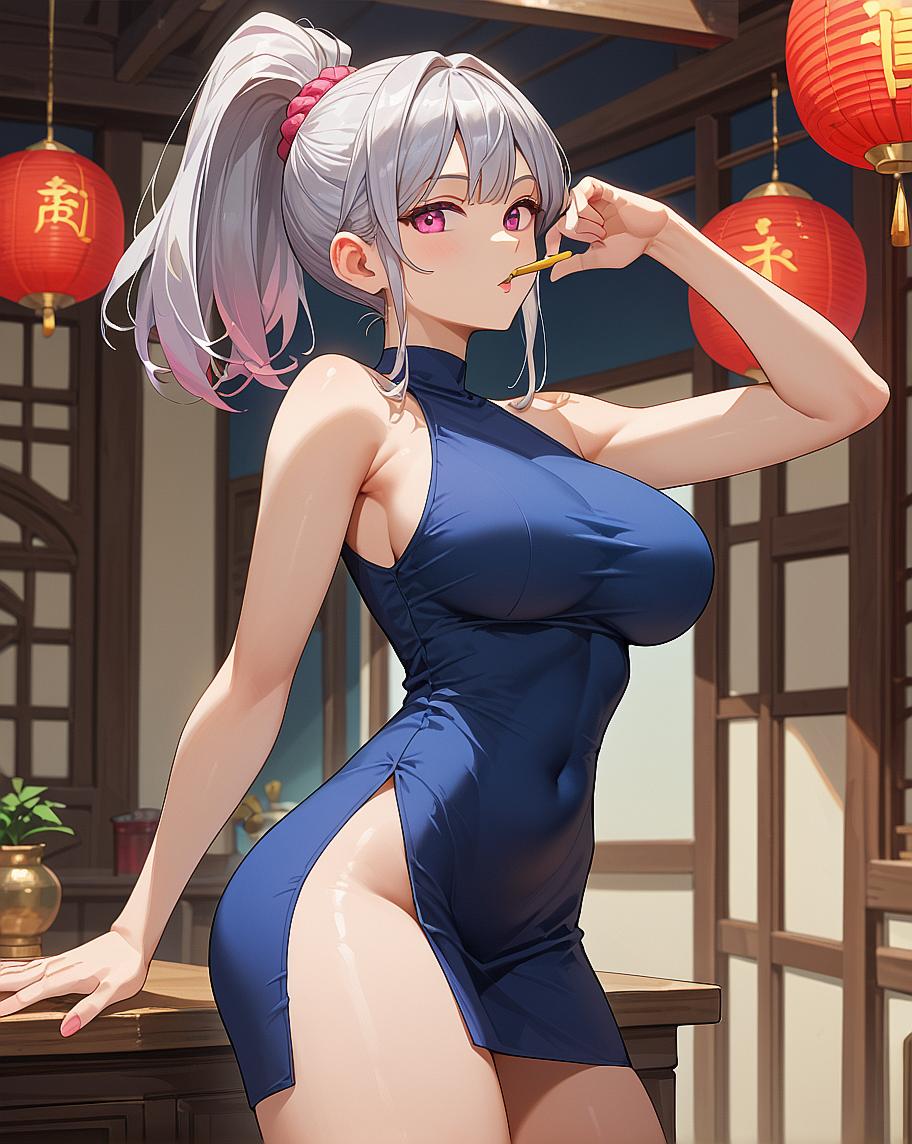 "Anime character in blue dress with pink hair and hand on chin."