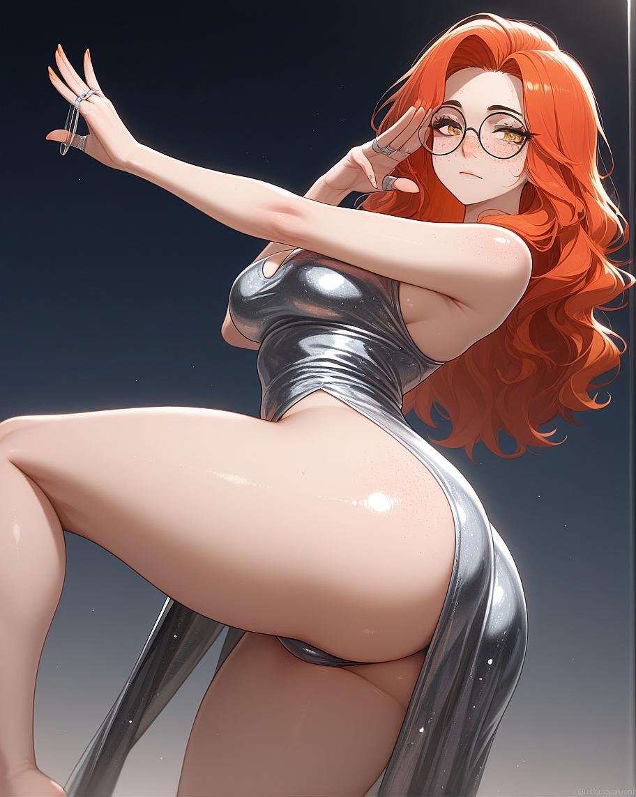 A red-haired anime girl in a silver dress with glasses, posing confidently.