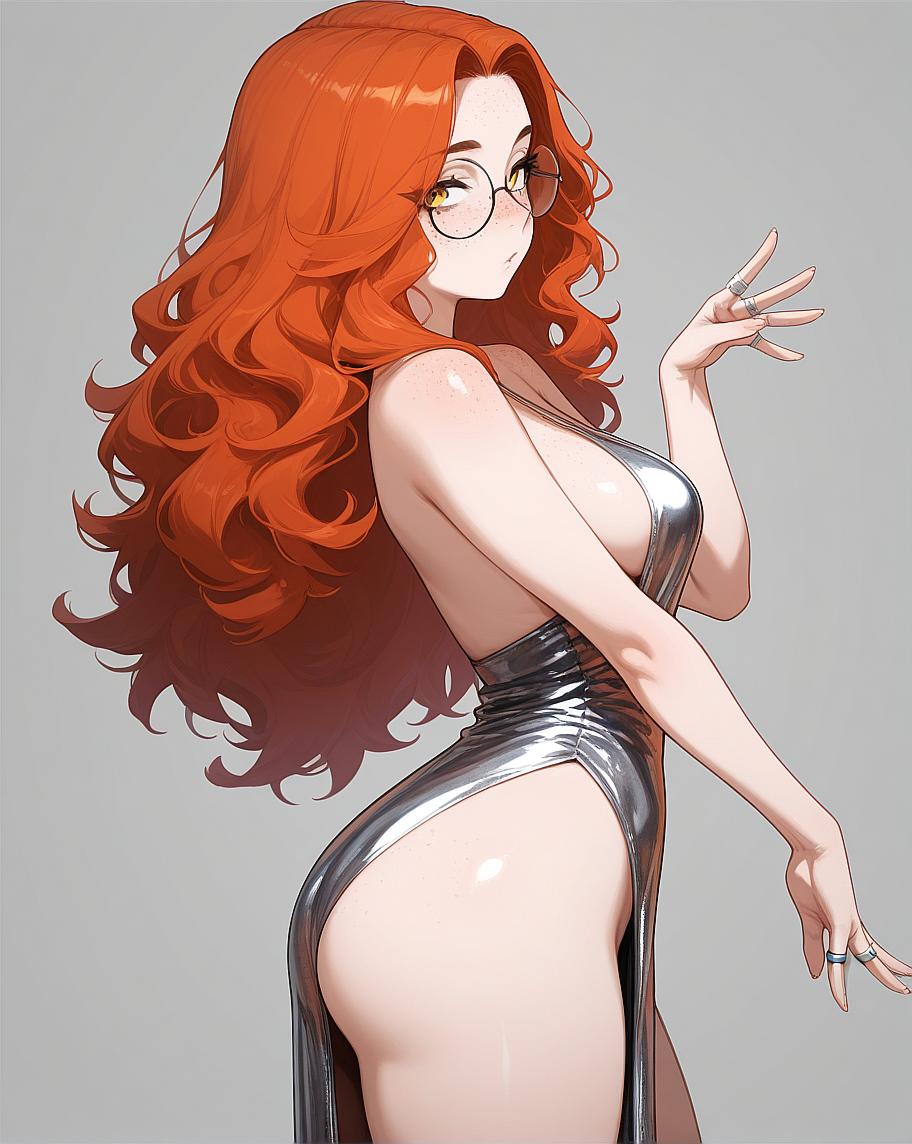 Red-haired girl in glasses wearing a sleeveless dress with one hand on hip and the other touching her hair.