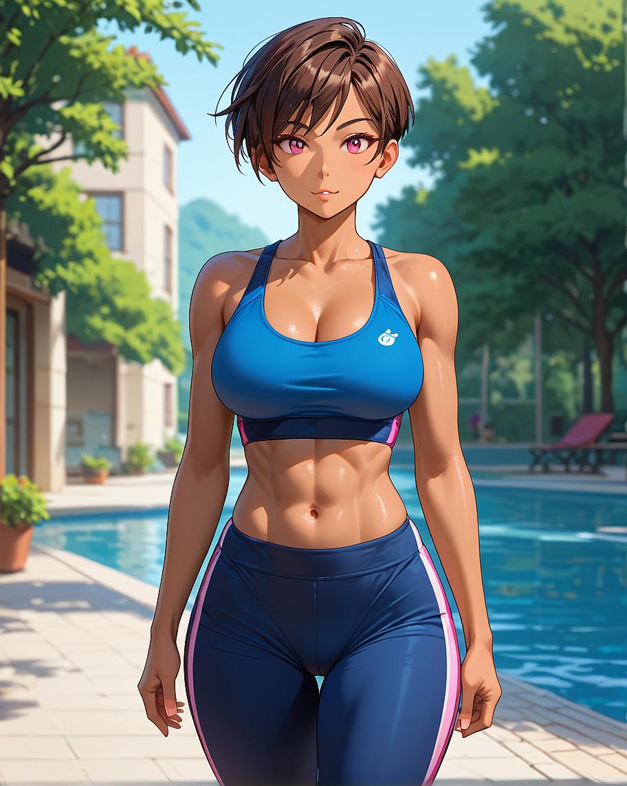 Woman in blue sportswear standing with hands on hips.