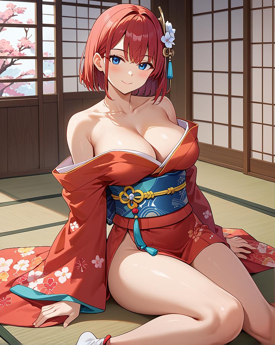 A young woman in traditional Japanese attire sitting on floor.