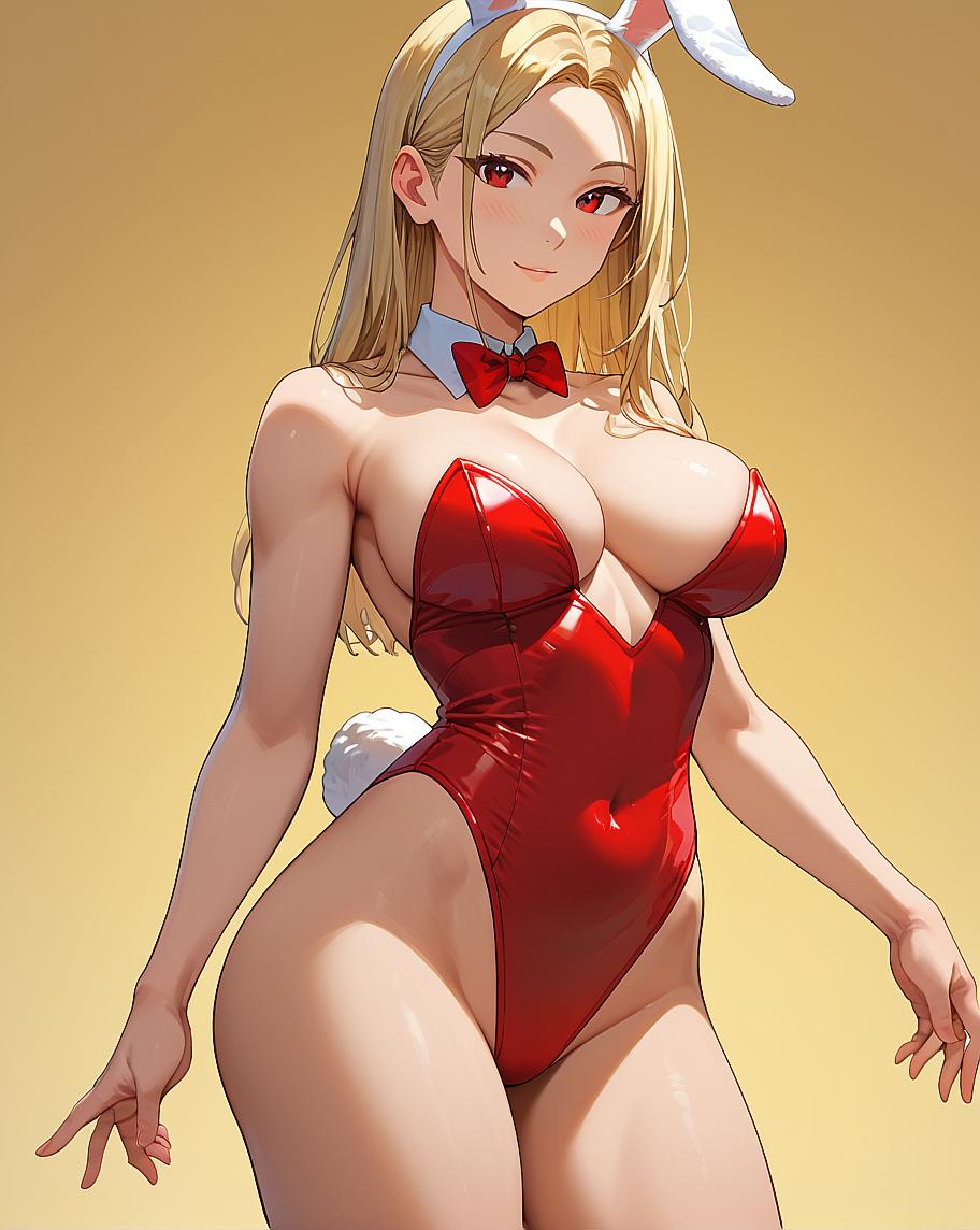 "Anime girl in bunny costume posing with hands on hips."