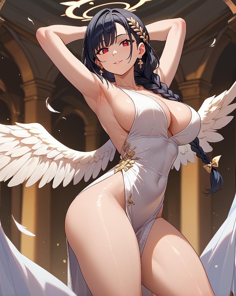 The image features an animated female character in a fantasy setting. She is wearing a white outfit with wings attached to her back and has a confident pose with one hand on her hip.