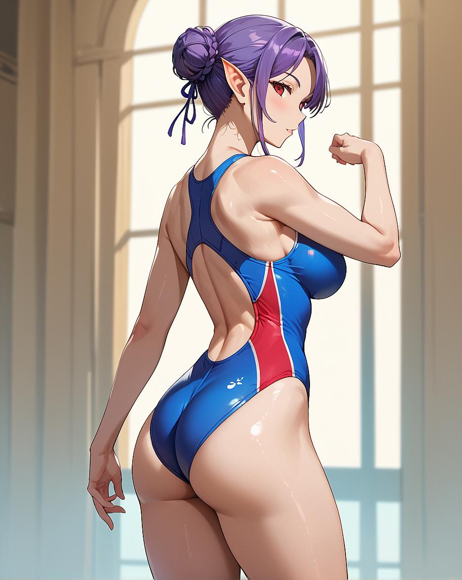 "Anime female character in blue and red swimsuit."