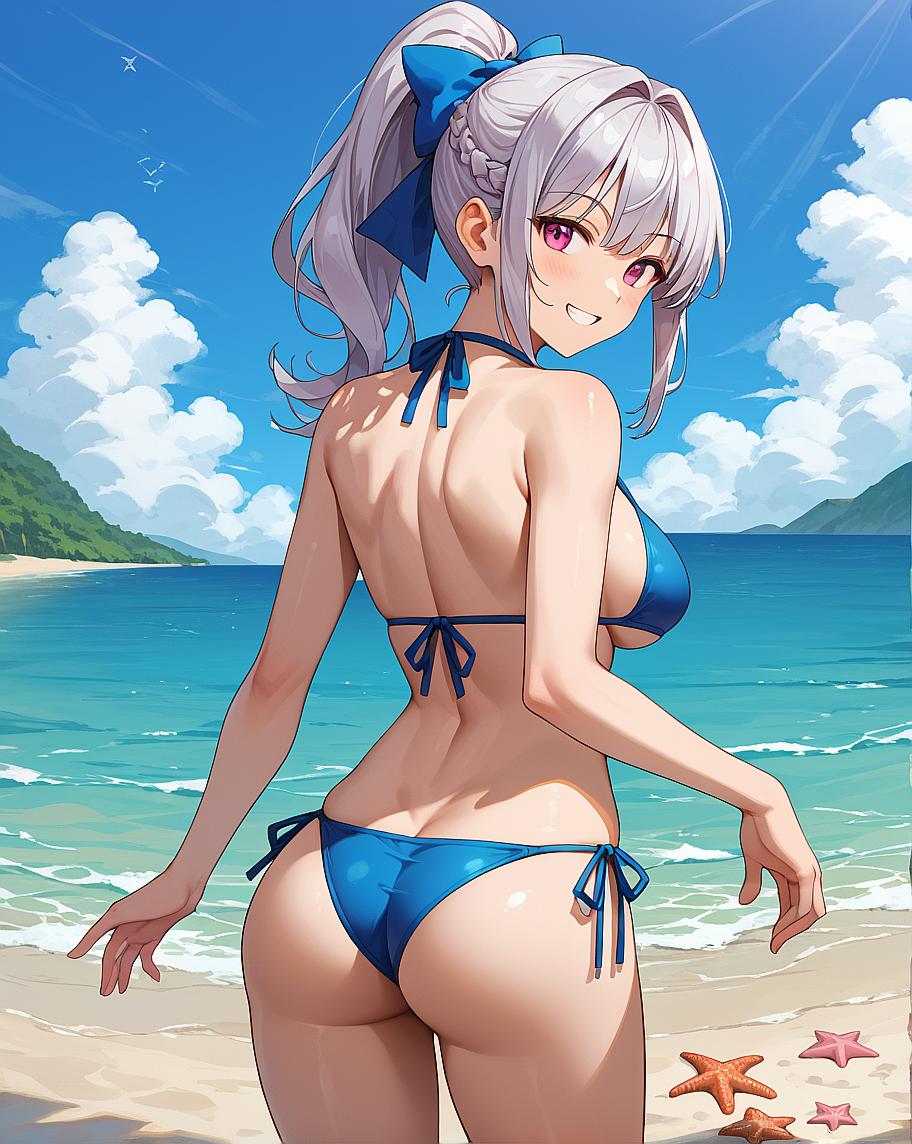 Anime girl wearing blue bikini on beach.