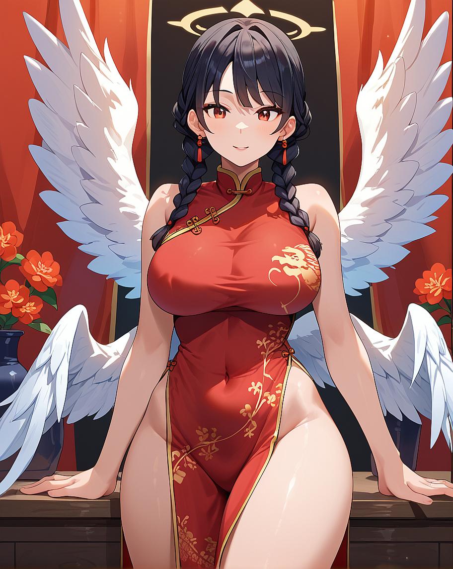 A female anime character wearing a traditional Chinese outfit and wings, sitting on a throne with red decorations.