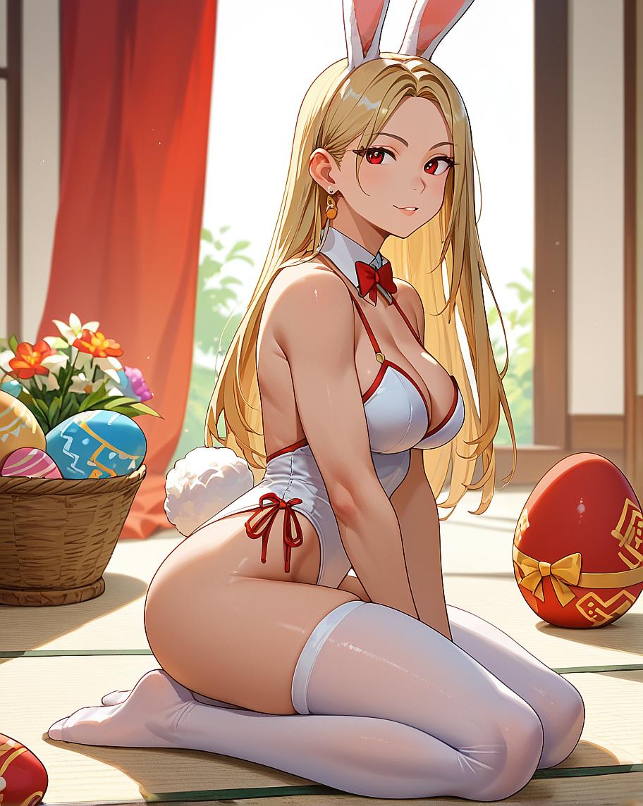 "Anime girl in bunny costume sitting on floor with Easter eggs."