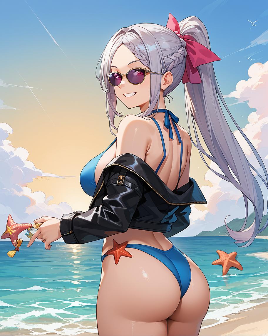 "Anime girl in bikini on beach at sunset."