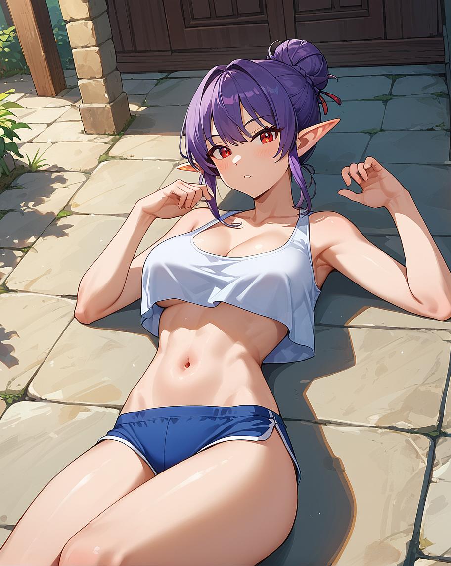 A female anime character lying on her stomach outdoors, wearing sportswear and showing off her toned abs.