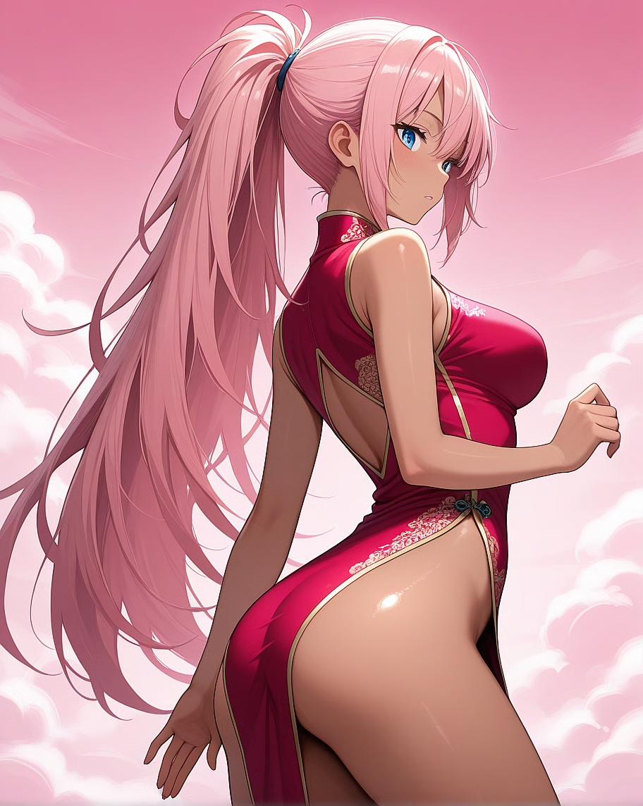 Anime girl in red dress with pink hair.