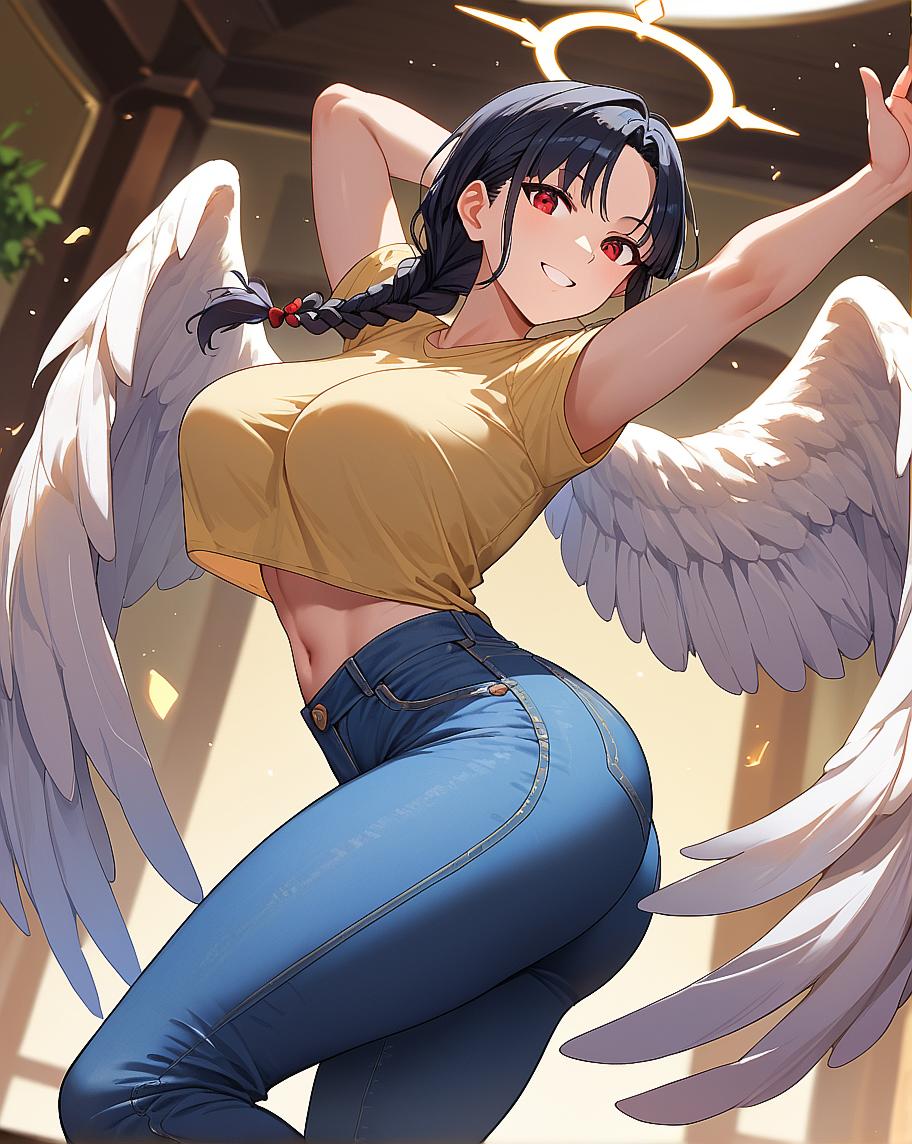 Anime girl with wings and blush on cheeks.