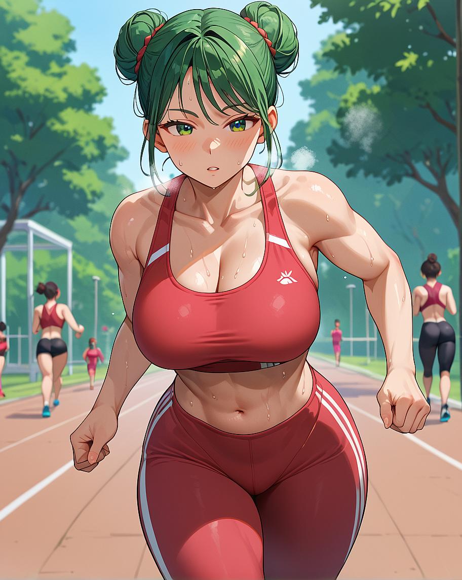 A female character in red sportswear running on a track.