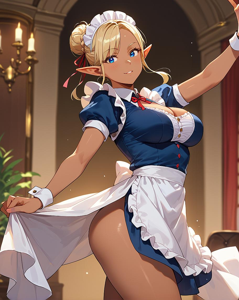 "Female elf character in maid outfit dancing."