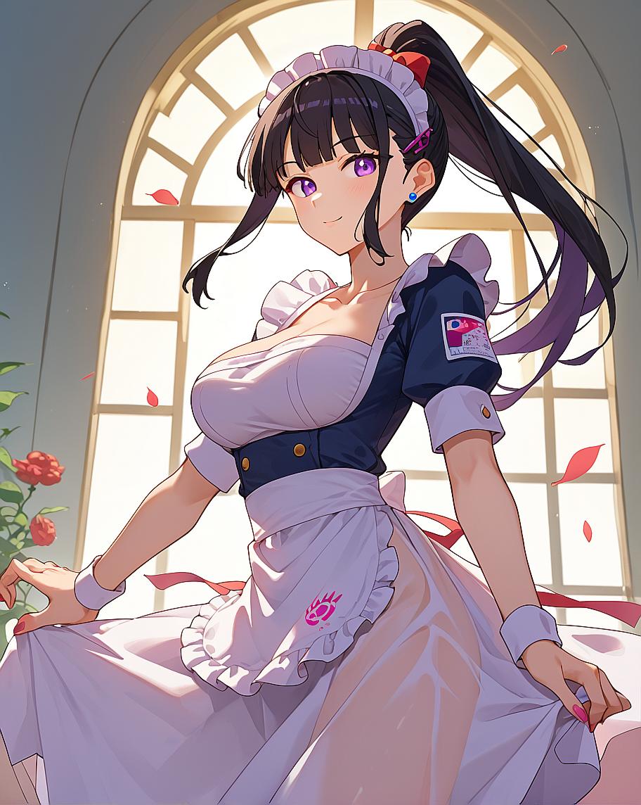 Anime character in maid uniform with purple hair and red ribbon.