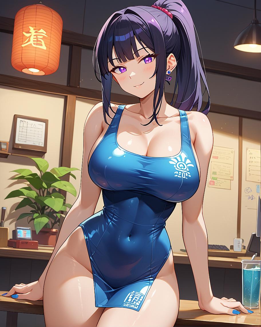 "Anime character wearing blue swimsuit."