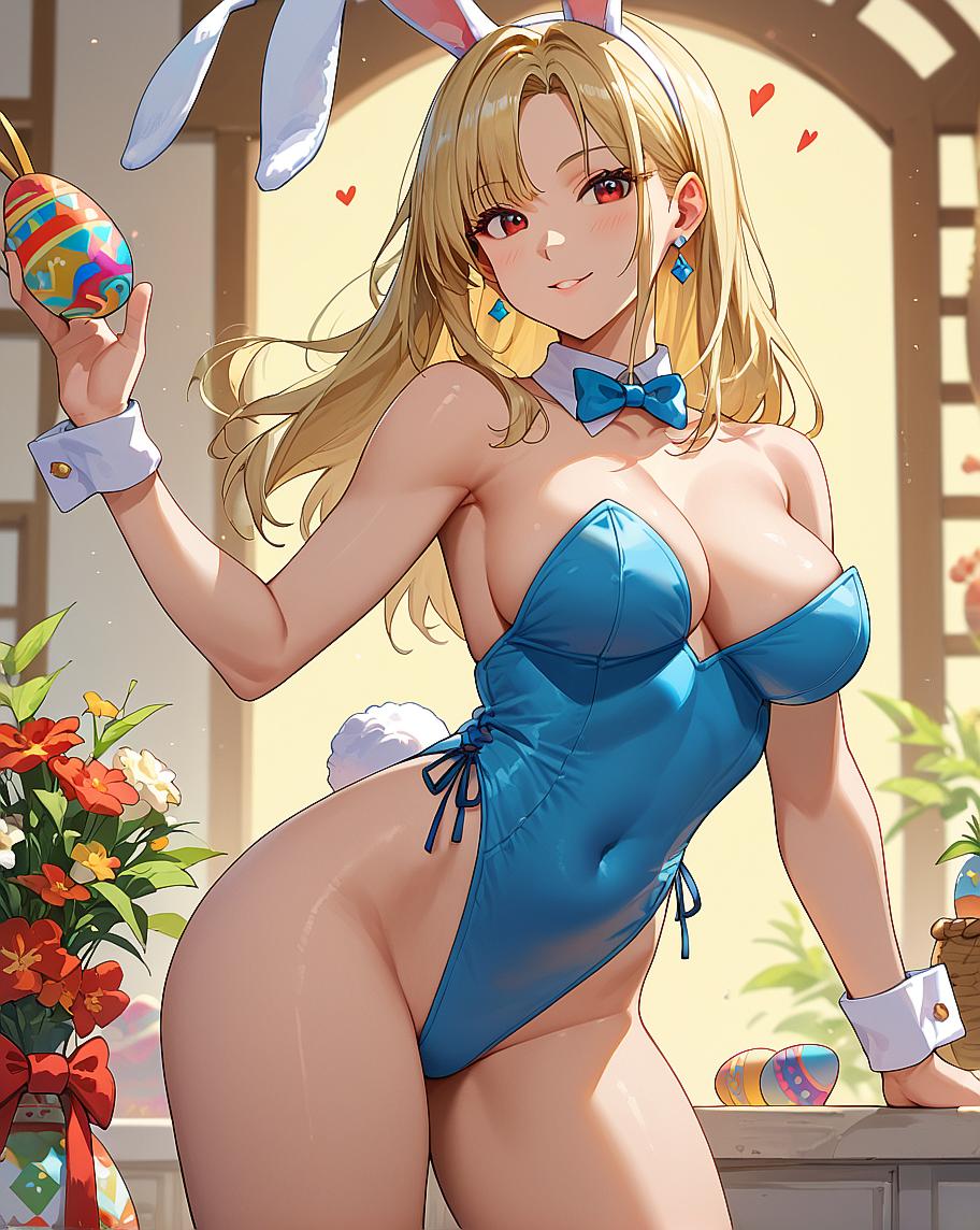 "Anime girl in bunny costume holding Easter egg."
