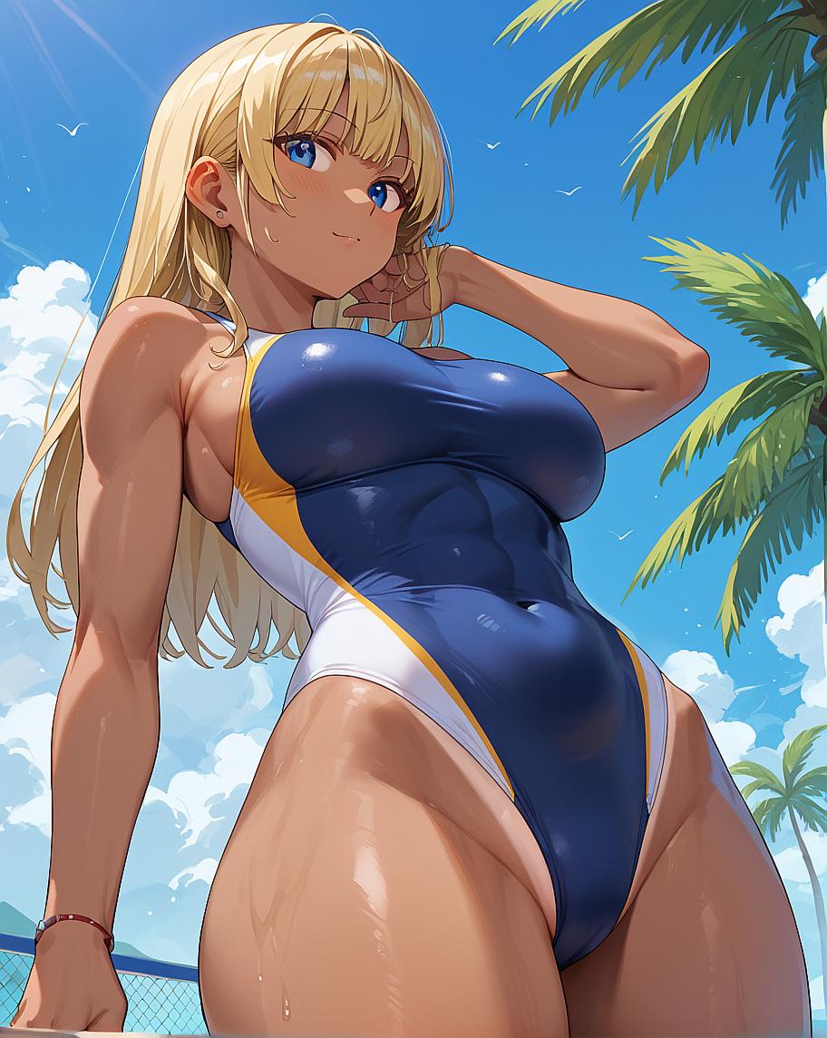 "Anime character in swimsuit on beach."