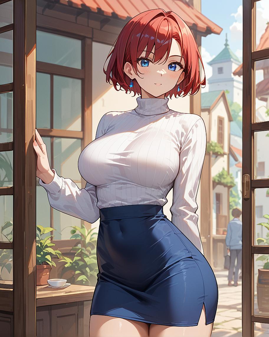 A woman in a blue skirt and white top with red hair looking out of a window.