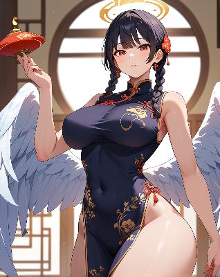 A young woman in a traditional Chinese outfit with wings on her back.