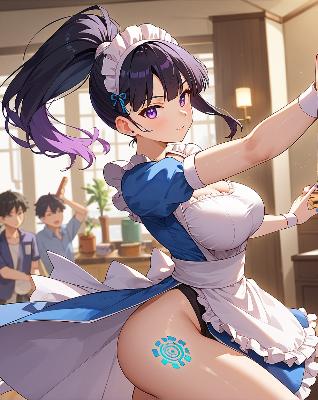 Anime character in maid outfit dancing.