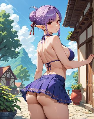 "Anime girl in swimwear posing by a village entrance."