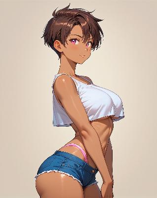 "Anime character in white tank top and denim shorts."