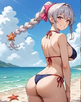 "Anime girl in bikini on beach."